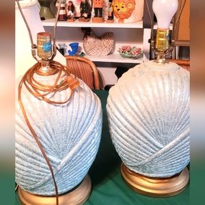 Pair Mid Century Blue modern glass lamps 2, shell art deco